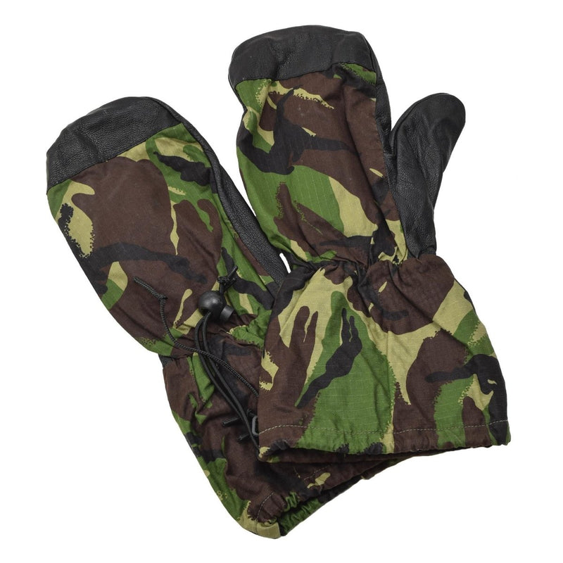 British military mittens with leather palm grip in DPM camouflage, designed for durability and warmth in harsh conditions
