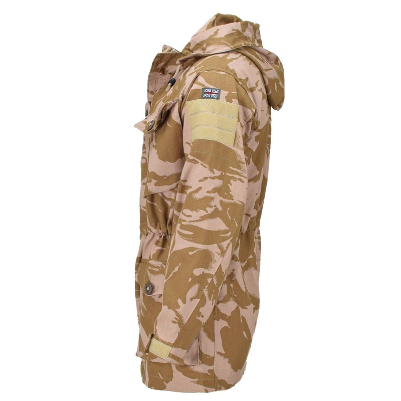 Side view of British military flame resistant desert camouflage smock jacket with hood and British flag patch