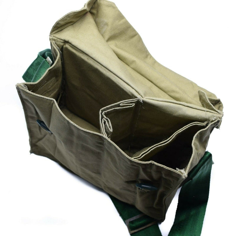 Open genuine Bulgarian army canvas shoulder bag in khaki with multiple compartments and green adjustable strap