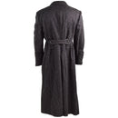 Back view of genuine Bulgarian military wool trench coat with belted back and long heavy winter overcoat design.