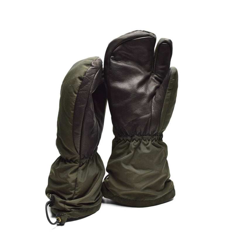 Danish military trigger finger mittens in olive drab with reinforced black leather palms for cold weather and shooting precision.