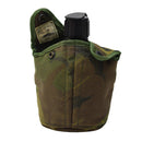 Genuine Dutch Army canteen in camouflage pouch with black plastic lid, designed for outdoor and military use.