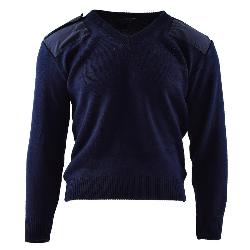 Dark blue genuine Dutch military surplus sweater with reinforced shoulders and elbows, round neck, and durable knit fabric.