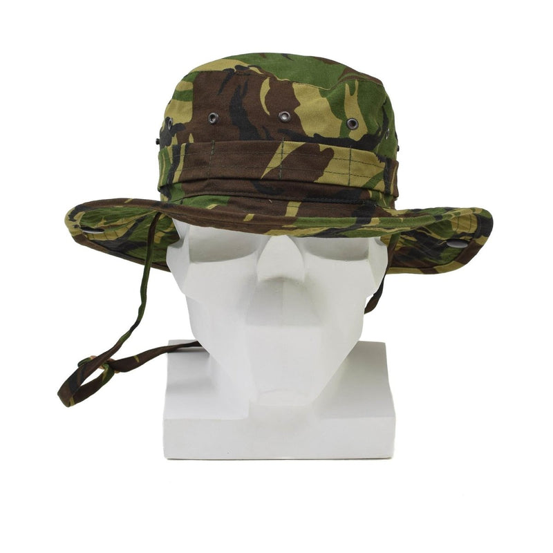 Genuine Dutch military boonie hat in DPM camo with wide brim, neck flap, ventilation eyelets, and adjustable chin strap