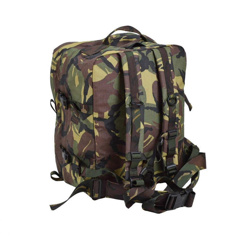 Genuine Dutch military medic backpack in waterproof DPM woodland camouflage with padded straps and durable Cordura fabric.