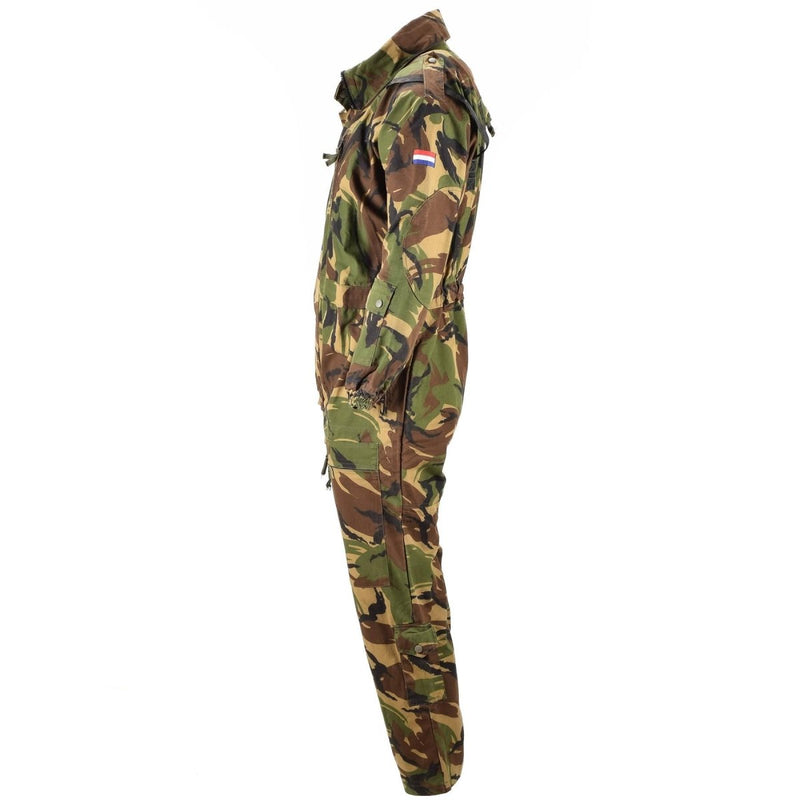 Side view of genuine Dutch military surplus tanker coverall in DPM camouflage with high neck and Dutch flag patch on sleeve