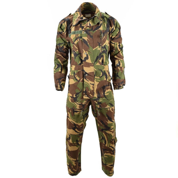 Genuine Dutch military surplus tanker coverall in DPM camouflage with high neck and storm flap zipper closure.