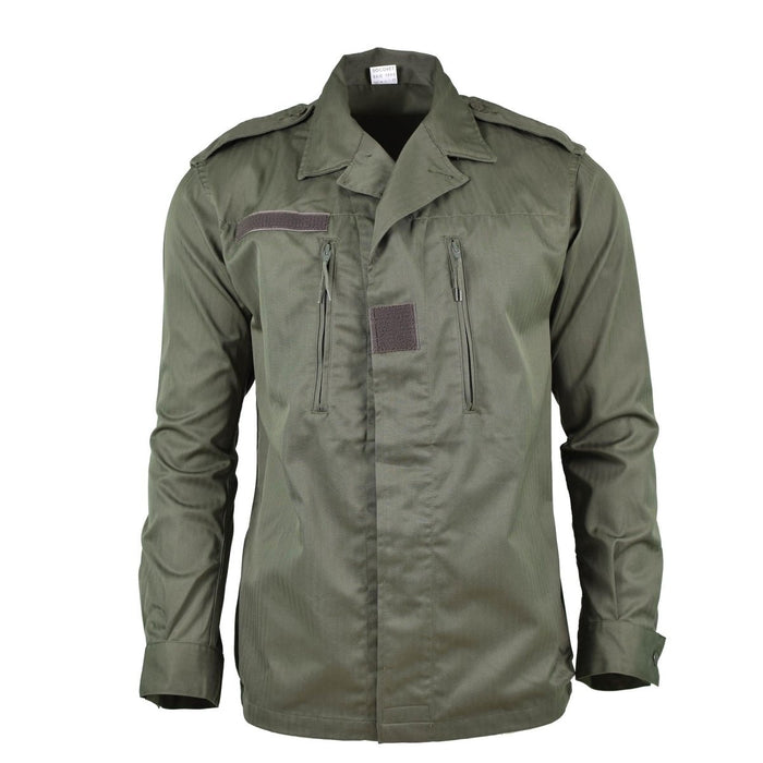 Genuine French Army F2 olive green combat jacket with zippered pockets, adjustable cuffs, epaulettes, and military design.