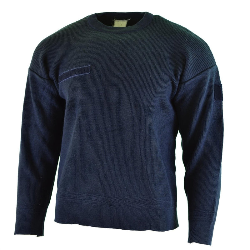 Authentic French Army blue commando jumper with round neck, lightweight and durable military sweater with hook and loop patches.