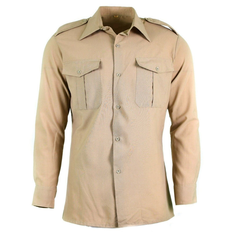 Beige genuine French army fatigue shirt with chest pockets and epaulettes, durable poly wool military design new condition.