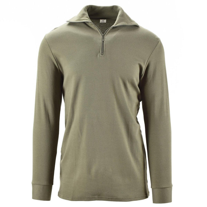 Genuine French Army F1 thermal undershirt in olive green with front zipper, long sleeves, lightweight fabric for outdoor use.
