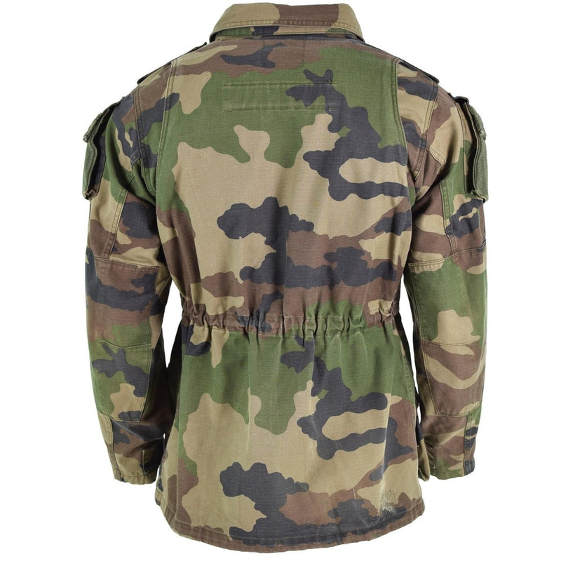 Back view of genuine French army Smock jacket in CCE camouflage with adjustable waist and reinforced elbows.