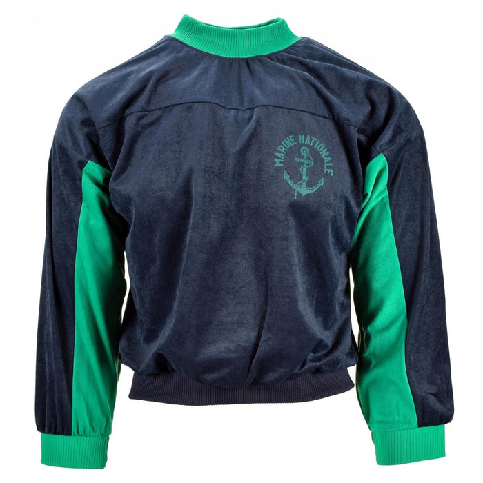Genuine French army navy green turtleneck sports jumper with Marine Nationale emblem, cotton blend fabric, vintage sweater.