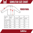 Size chart for French army waterproof trilaminate jacket showing measurements for pit to pit, length, and sleeve sizes