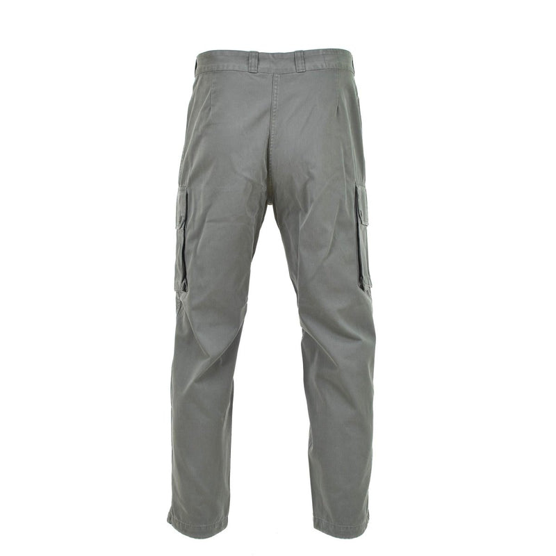 Back view of genuine French military gray cargo air force pants with reinforced knees and side pockets