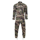 Genuine French military CCE camouflage mechanic jumpsuit with reinforced elbows and knees for durability and roomy fit.