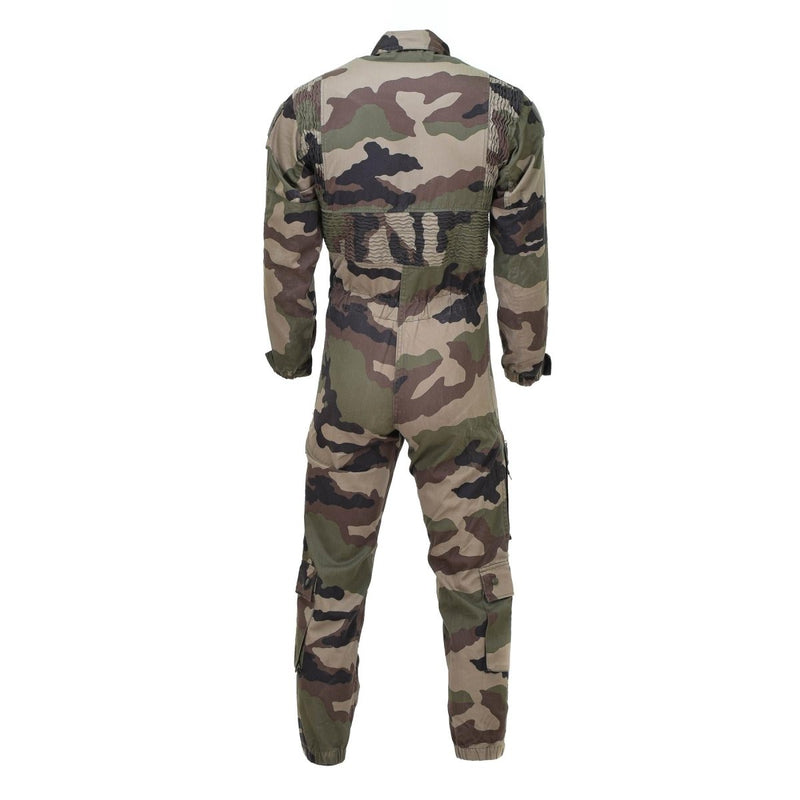 Back view of genuine French military CCE camouflage mechanic jumpsuit with roomy fit and reinforced areas.