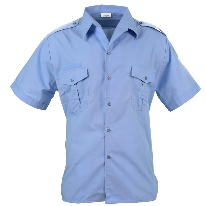 Genuine French Military Police blue short sleeve cotton shirt with chest pockets and epaulets, new condition