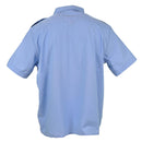 Back view of a genuine French military police blue cotton short sleeve shirt with epaulets and breathable fabric