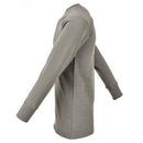 Side view of olive green French military thermal plush undershirt with long sleeves and elasticated cuffs