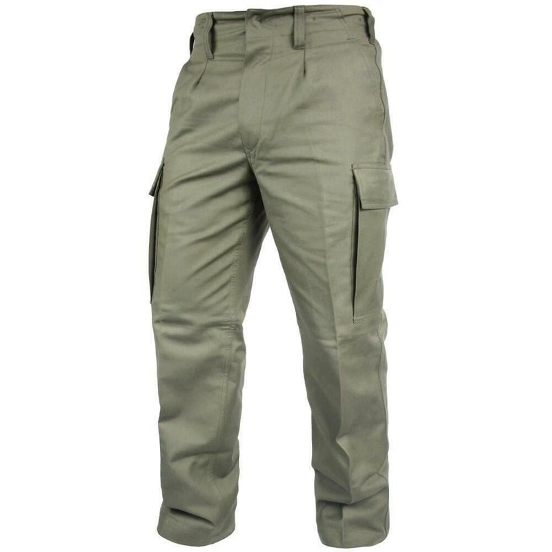 German army issue olive drab moleskin cargo pants with button fly and multiple pockets for outdoor use