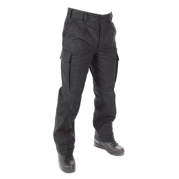 Genuine German Army black moleskin cargo pants with belt loops and secure pockets, durable for field combat use.