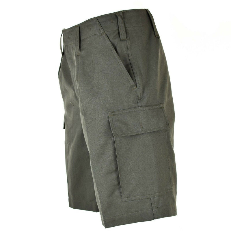 Genuine German army issue olive green moleskin cargo shorts with durable fabric and multiple pockets for men.