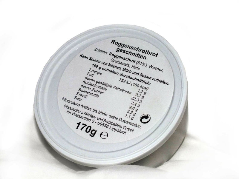 German army MRE canned rye bread 170g nutrition label showing ingredients and nutritional information