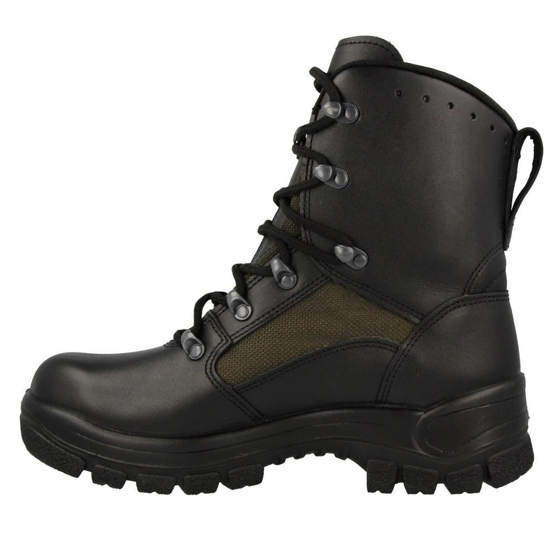 Genuine German military combat boot made of leather and textile with fast lacing and slip-resistant sole in black