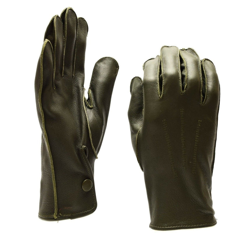 Pair of genuine German police issue olive green leather patrol gloves with snap-button wrist closure
