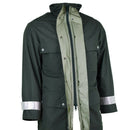 Genuine German police GoreTex jacket in green with waterproof fabric, chest pockets, and reflective sleeve bands.