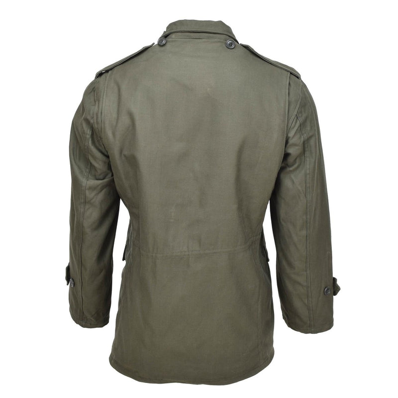 Back view of genuine Greek military M65 field jacket in olive, durable with military-style details and sturdy construction.