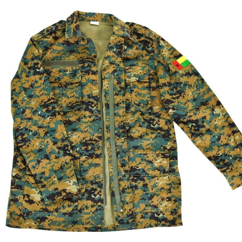 Genuine Guinee Bissau RipStop digital savanna camo military jacket with chest pockets and Guinea flag patch on sleeve.