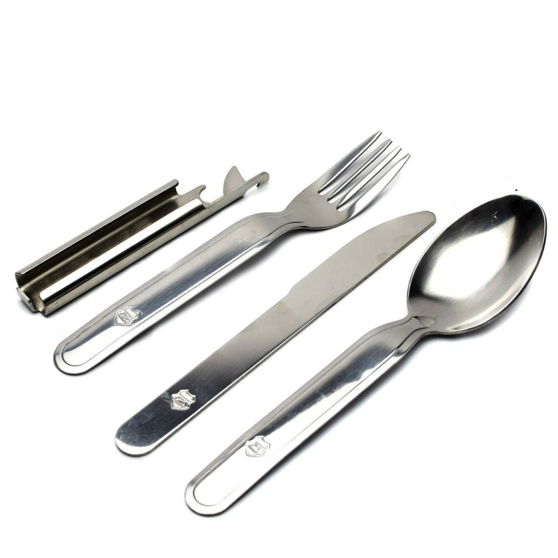 Hungarian army 4-piece stainless steel cutlery set with fork, knife, spoon, and can opener in compact holder.