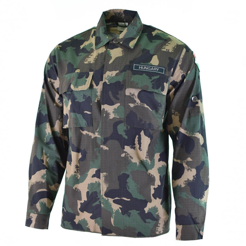 Genuine Hungarian Army M90 camouflage shirt with long sleeves, ripstop fabric, and Hungary patch for outdoor and tactical use.