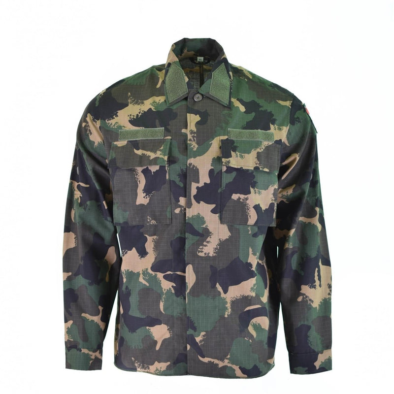 Genuine Hungarian Army M90 4-color camouflage long sleeve military shirt in durable ripstop fabric, perfect for outdoor use.