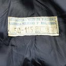 Close-up of the label inside a genuine Italian Air Force military wool overcoat with size and garment details.