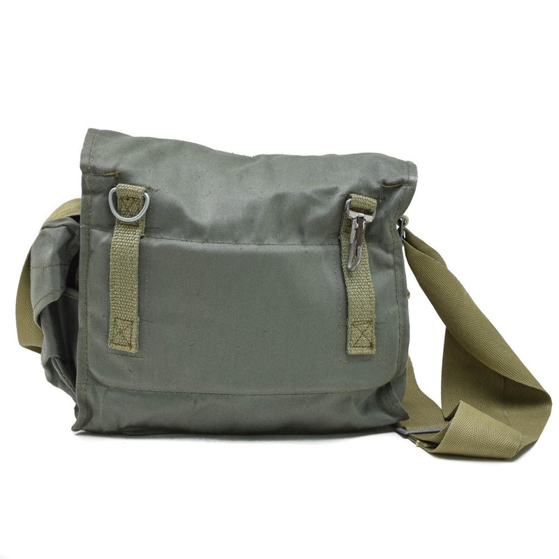 Vintage olive green Polish army gas mask bag with shoulder strap, durable canvas, metal buckle, and side pocket.