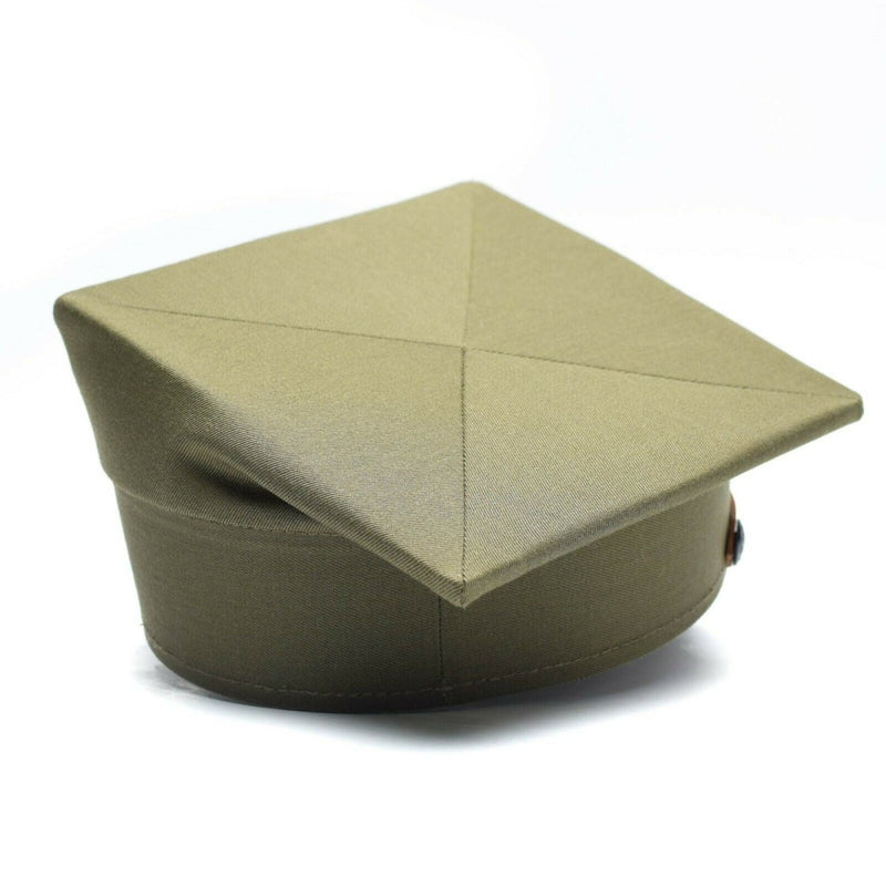 Olive green Polish military peaked cap with classic design and adjustable chinstrap, vintage officer style hat.