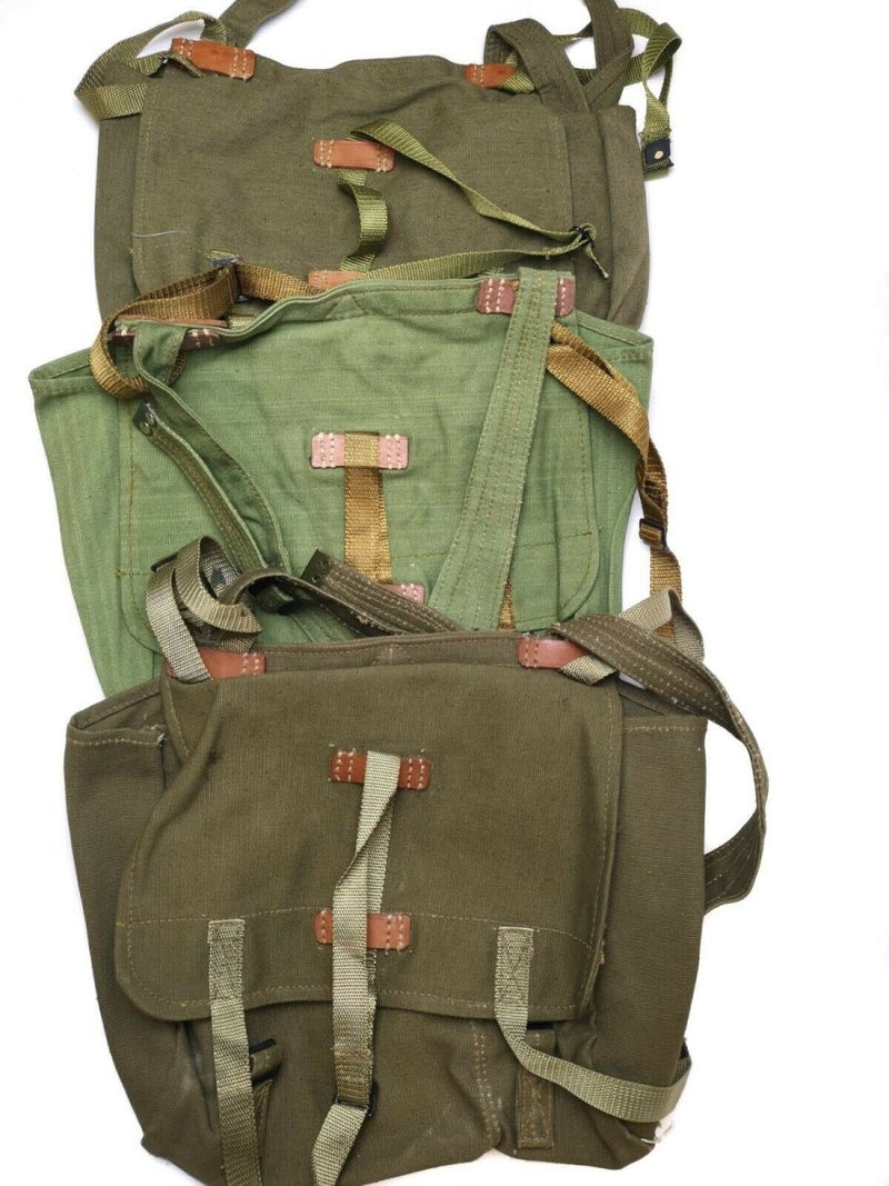 Three genuine Romanian army olive canvas bread bags with straps and leather reinforcements stacked vertically.