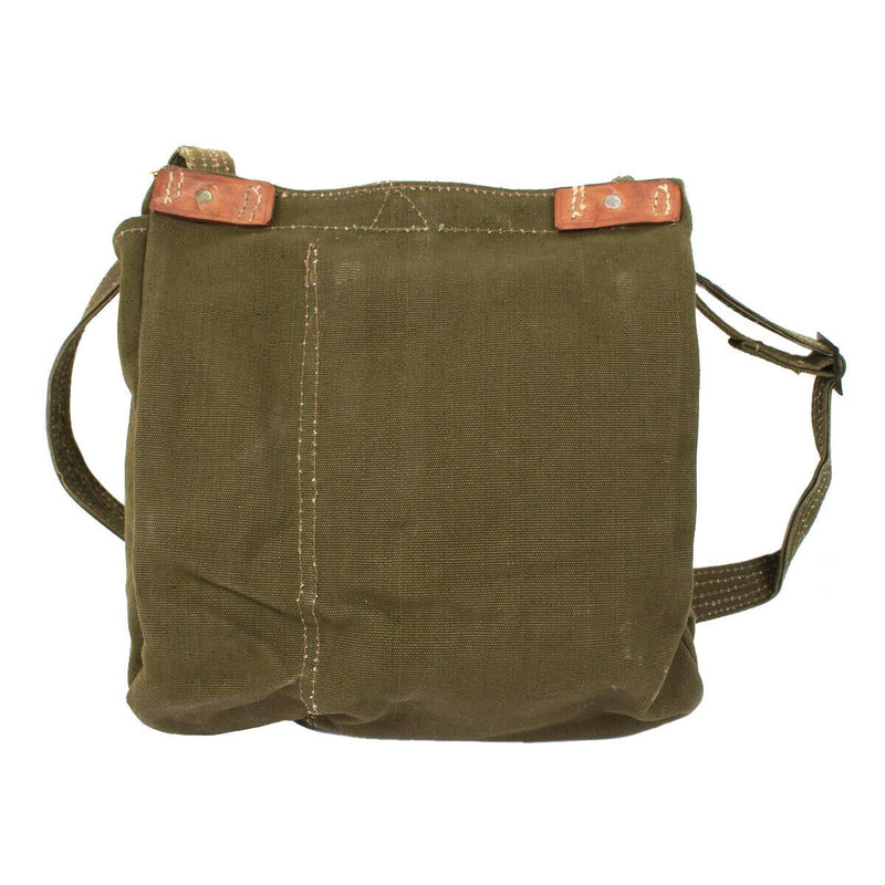 Genuine Romanian army bread bag made of olive canvas with leather straps, durable military surplus haversack bag.
