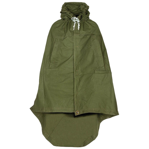 Genuine Romanian Army olive waterproof tarpaulin poncho with hood and button closures for rain protection and shelter use.