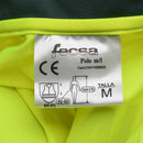 Close-up of size M label on yellow high-visibility Genuine Spanish long sleeve polo shirt for civil guard safety wear