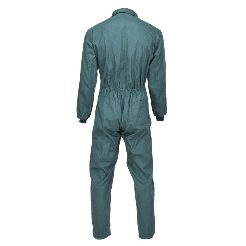 Back view of genuine Spanish military green ripstop workwear coverall jumpsuit with elastic waist and long sleeves