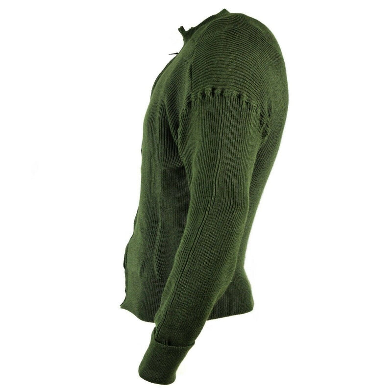 Side view of a genuine Swedish military green wool sweater with a full zip, classic vintage design.