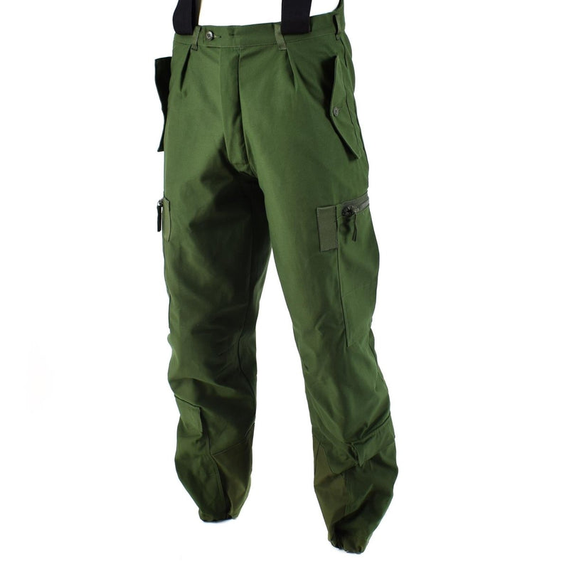 Genuine Swedish thermal olive green BDU pants with braces, designed for extreme cold weather and rugged outdoor use.