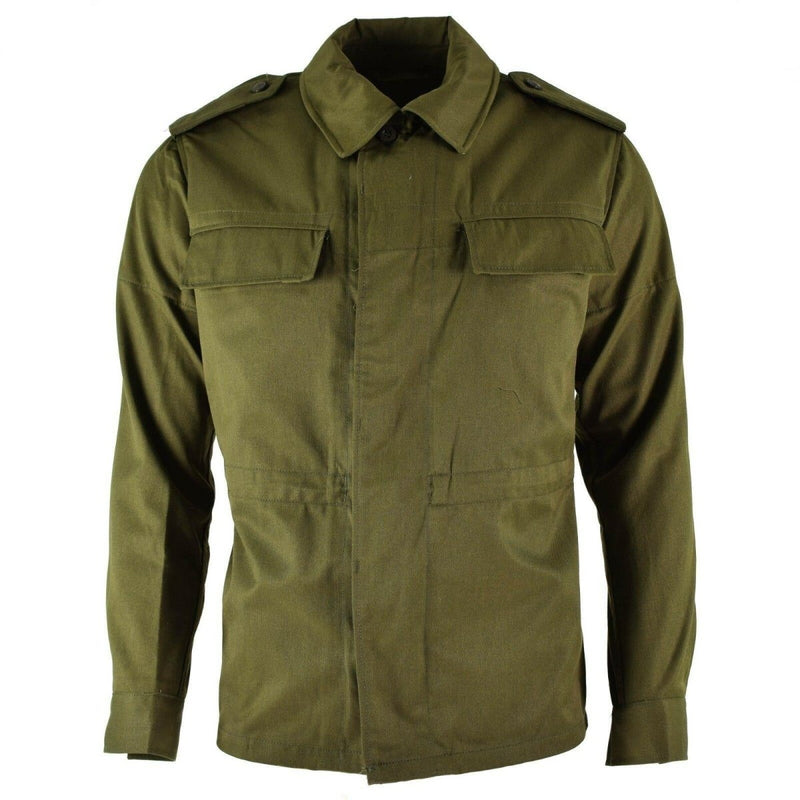Vintage Czech army M85 field jacket in olive green with button-up front and multiple pockets, made of durable fabric.