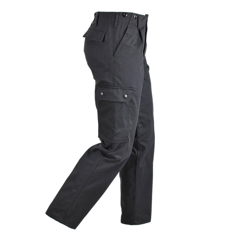 Black German Army style BDU cargo pants with multiple pockets, durable fabric, and a classic combat uniform design.