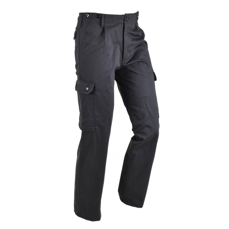 Black German Army style BDU cargo pants with multiple pockets, durable fabric, and classic combat uniform design.