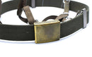 Close-up of German army Y-strap suspenders belt with brass buckle and olive green tactical webbing belt.